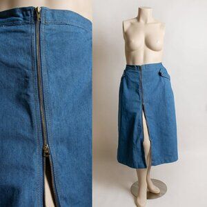 Vintage 1980s Denim Jean Skirt Front Zip Midi Length Large 80s